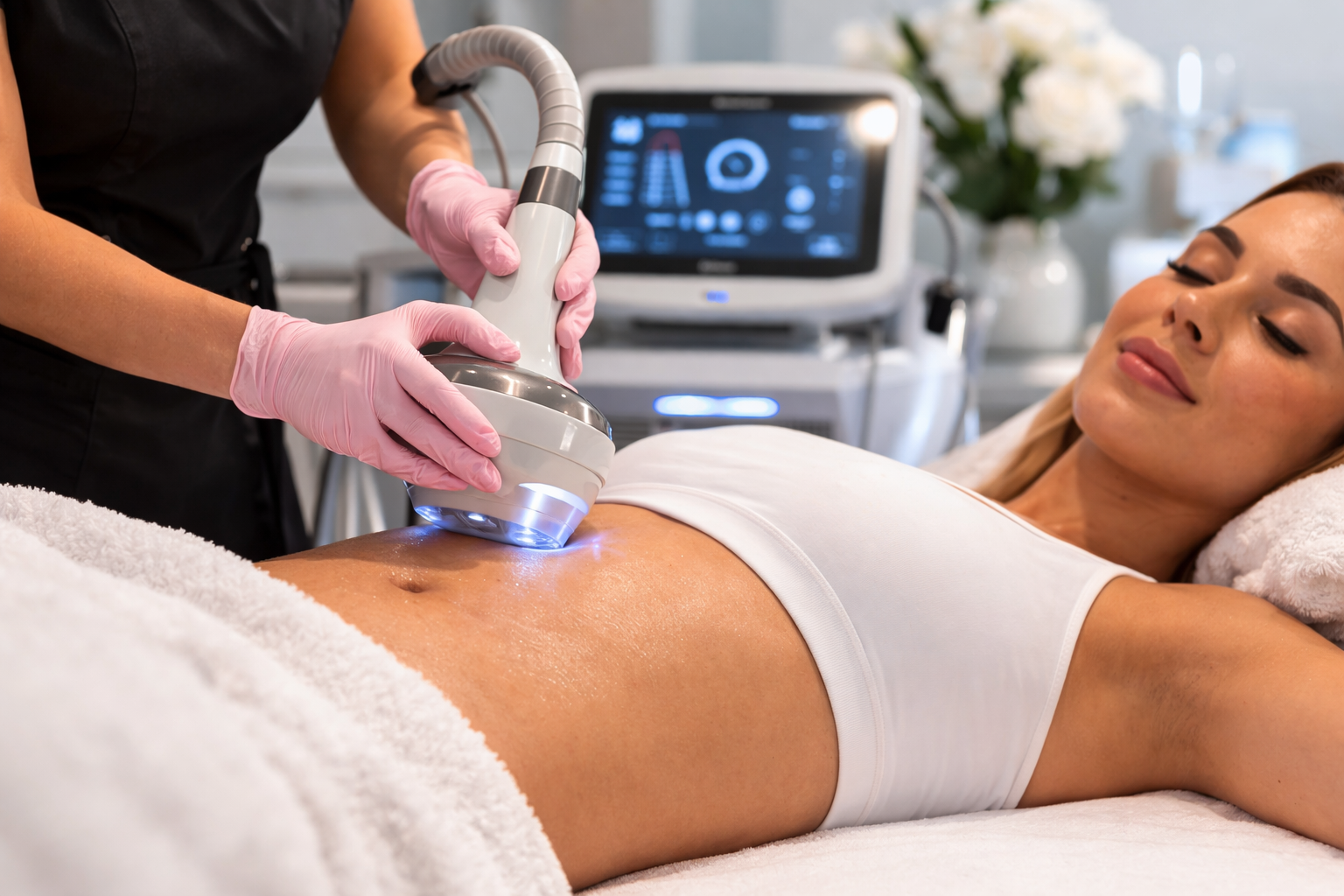 Body contouring treatment on abdomen at a modern medical spa