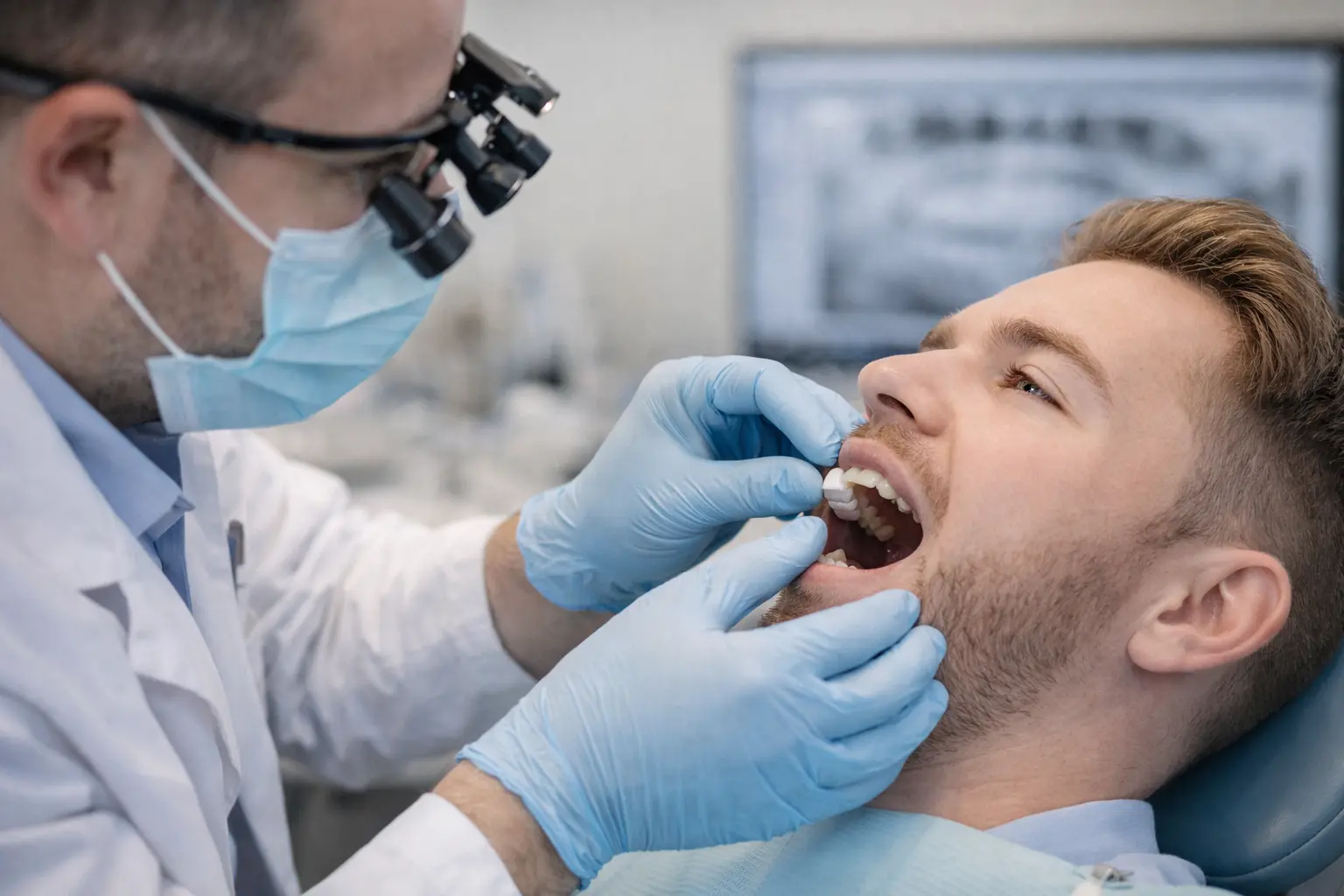 Dentist placing a dental crown during a restorative visit in Rexburg