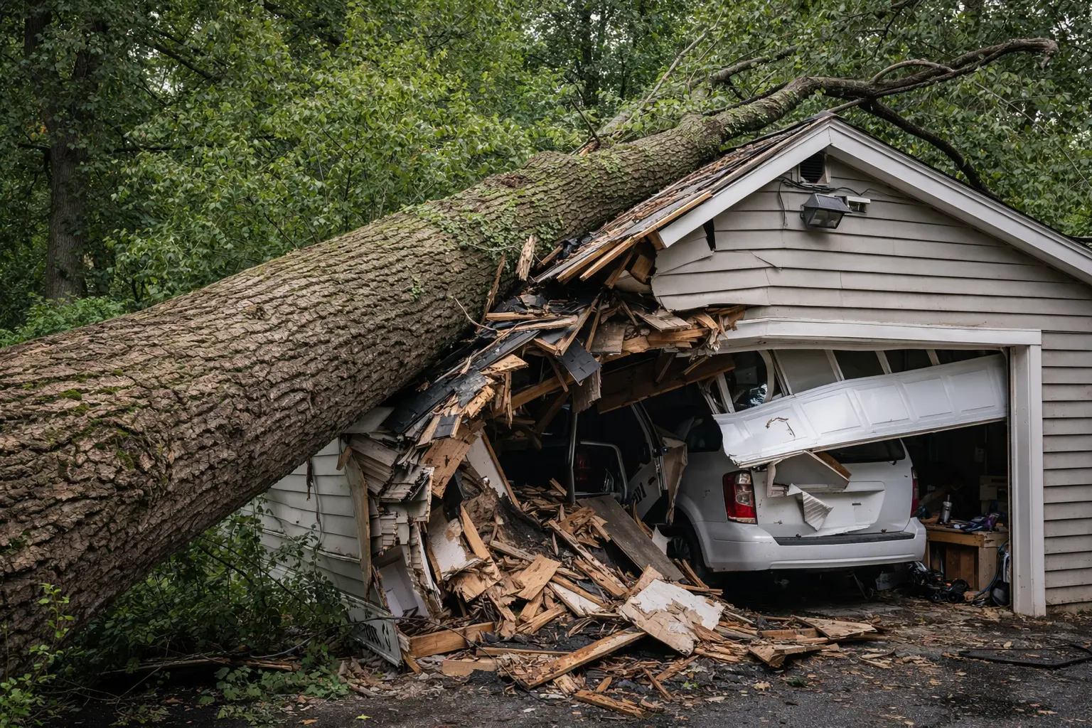 Large fallen tree crushing a residential garage roof and door